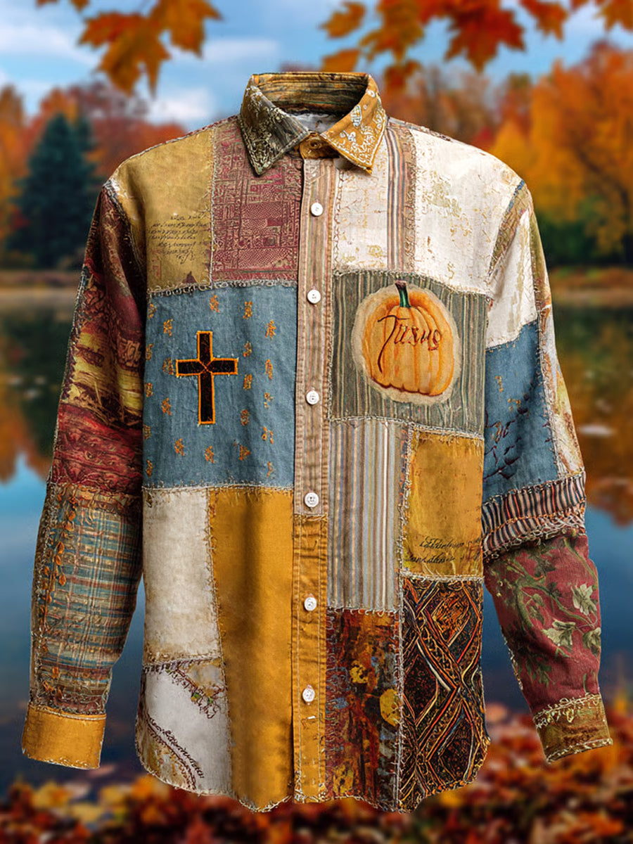 Men's Retro Faith Cross Casual Halloween Art Print Long Sleeve Shirt