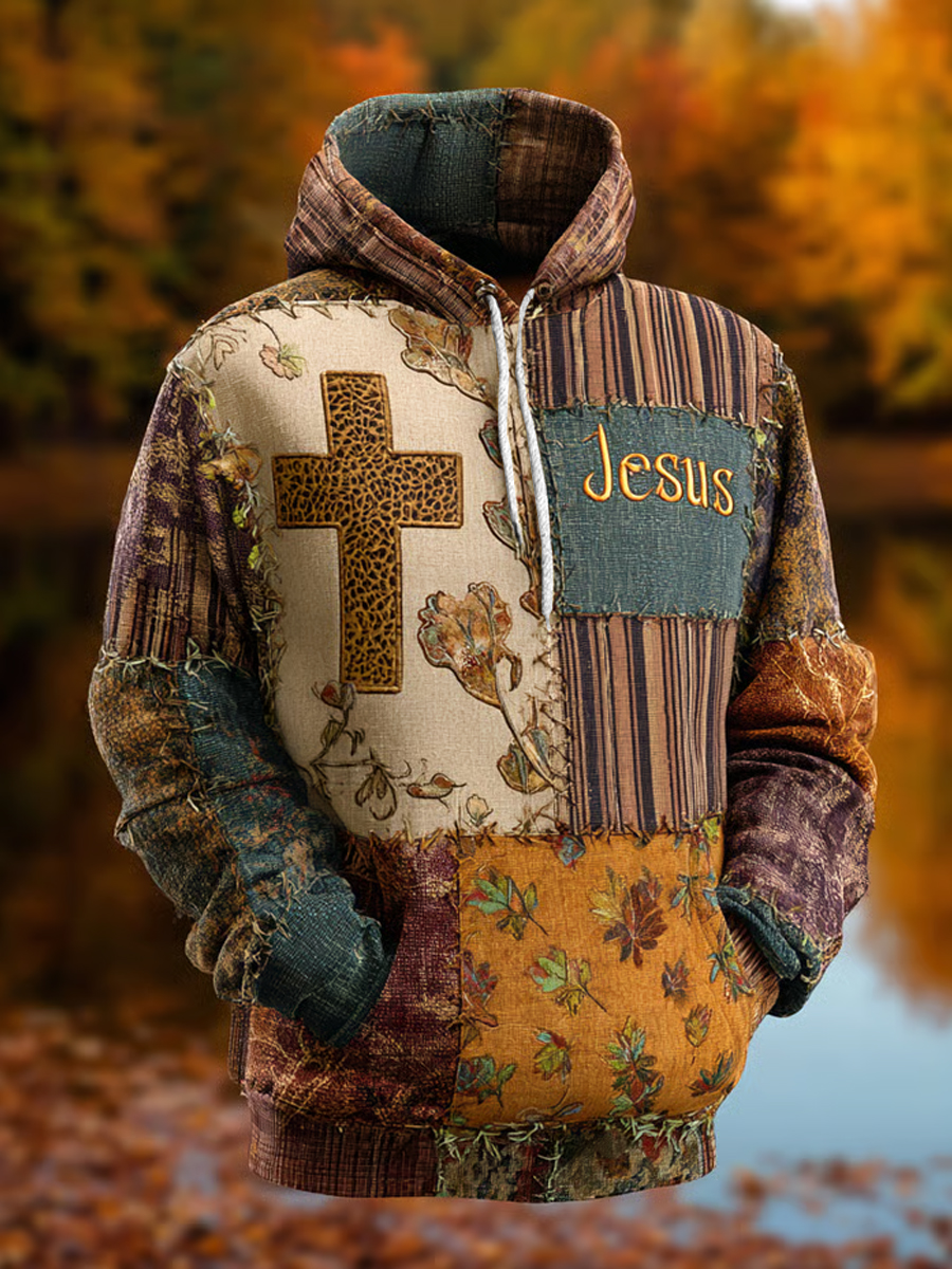 Men's Retro Casual Faith Cross Art Print Oversized Drop-Shoulder Pockets Hoodie