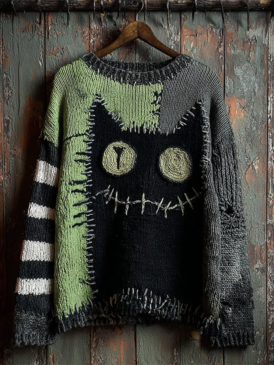 Women's Vintage Cat Art Print Casual Sweater