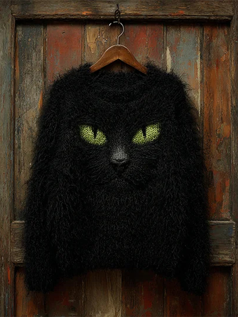 Women's Vintage Cat Art Print Casual Sweater