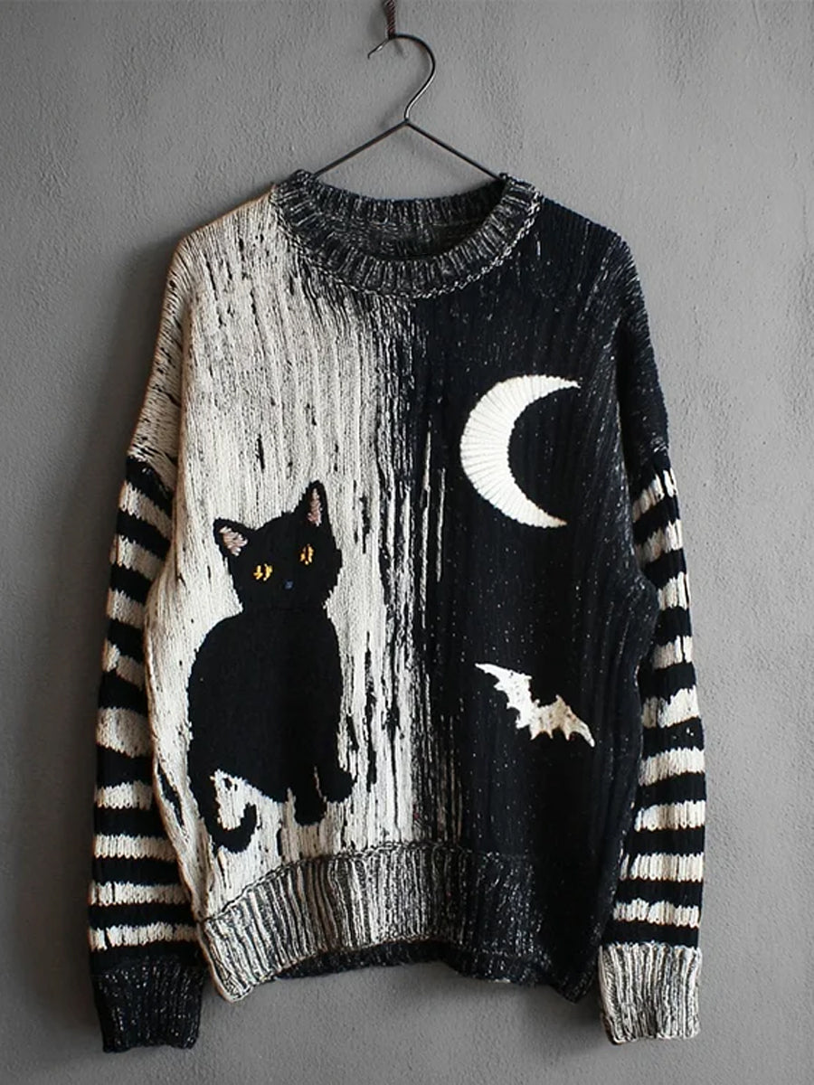Women's Vintage Cat Art Print Casual Sweater
