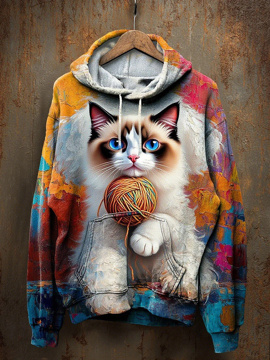 Unisex Vintage Cat Art Print Casual Hoodie