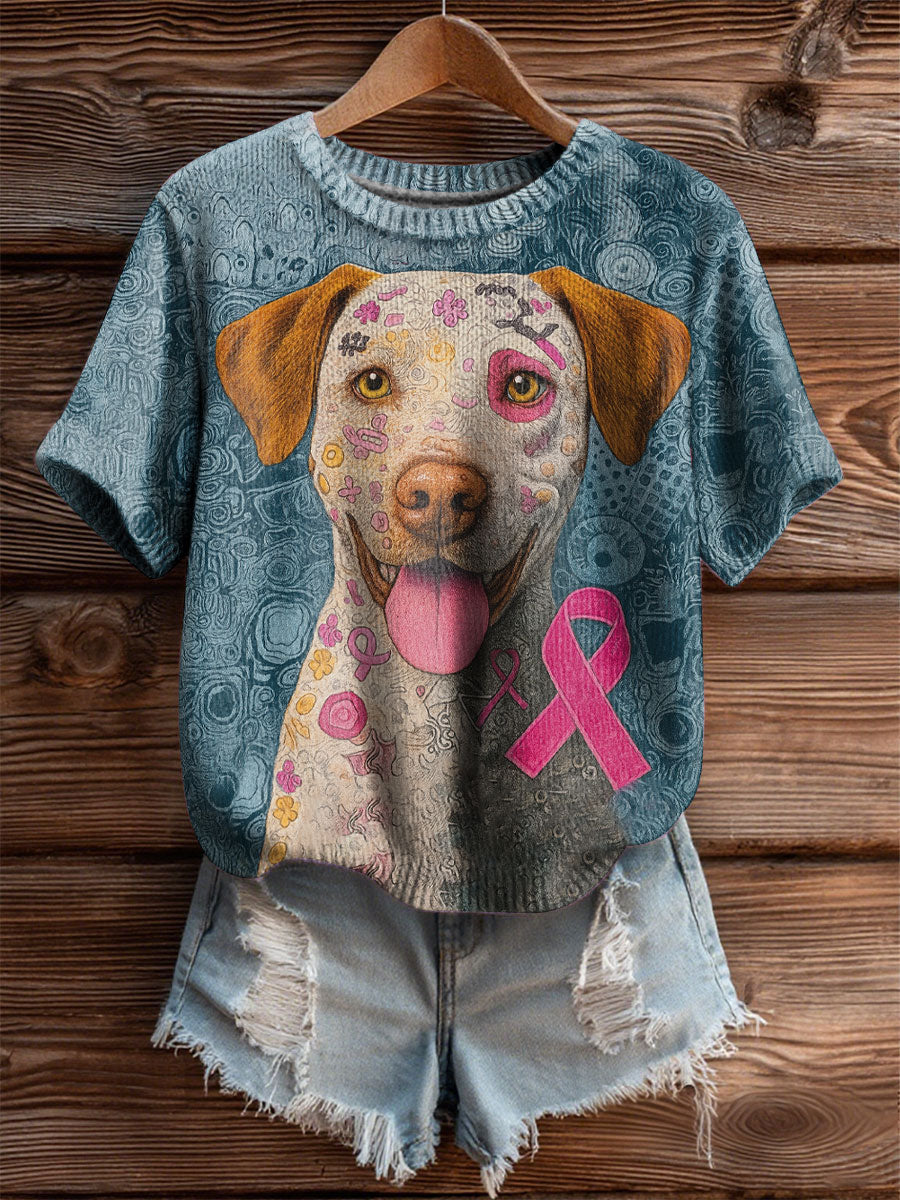 Women's Breast Cancer Patchwork Dog Art Cozy Knit Top