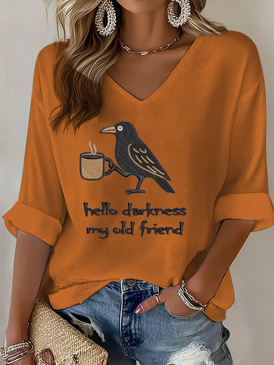 Women's Hello Darkness Halloween Funny Printed Waffle T-shirt