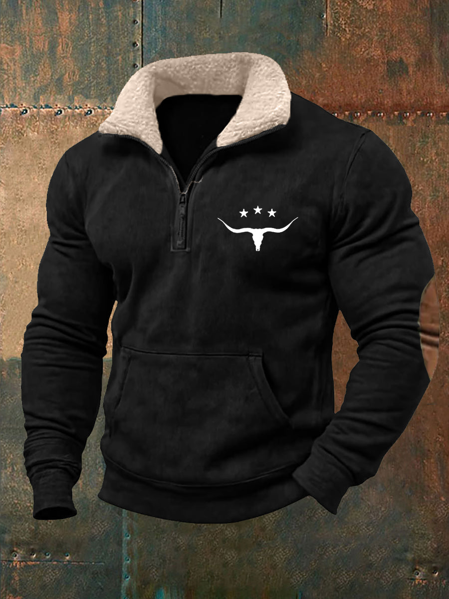 Men's Retro Western Bull Skull Print Fur Collar Casual Zipper Sweatshirt