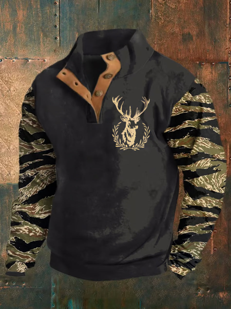 Men'sRetro Western Deer Head Leopard Print Casual Button Sweatshirt