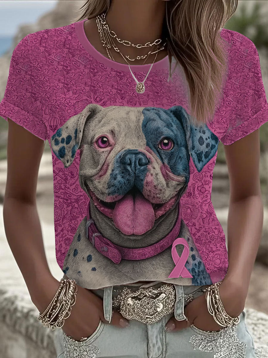 Women's Breast Cancer Patchwork Dog Art Printed T-shirt