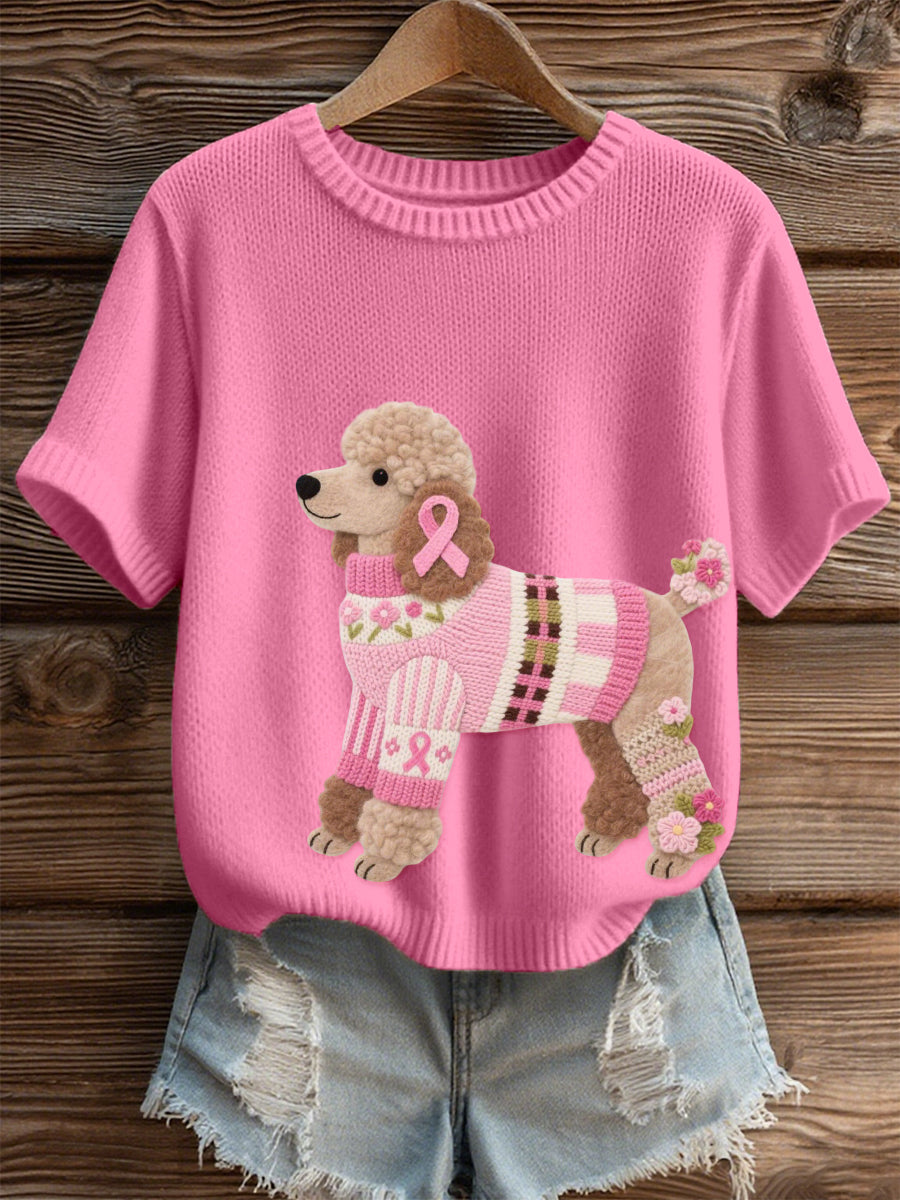 Women's Felt Art Poodle Dog Pattern Cozy Knit Top