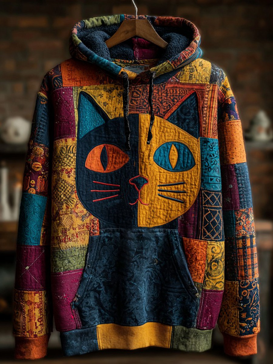 Vintage Halloween Patchwork Black Cat Print Art Casual Hoodie