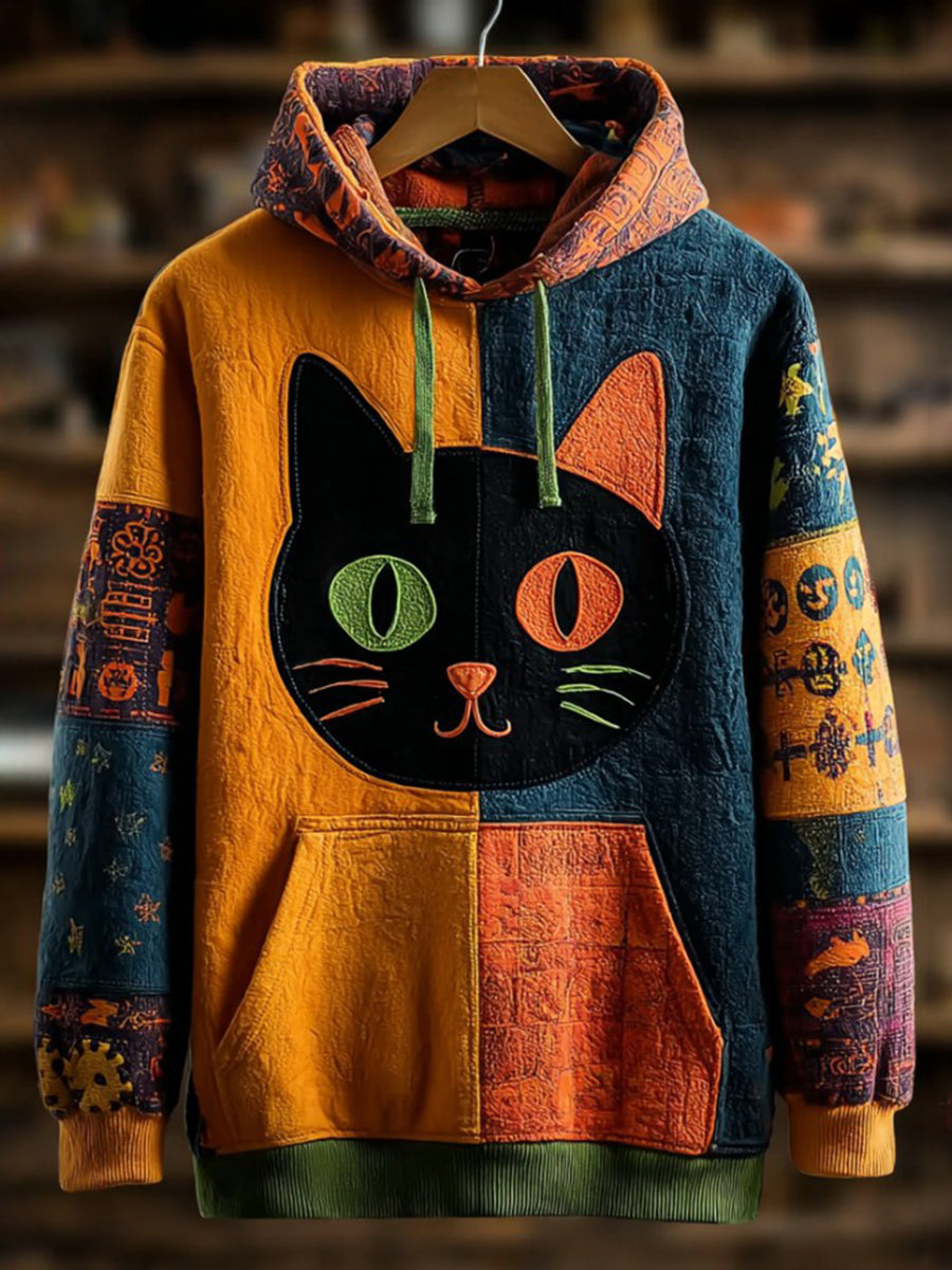 Vintage Halloween Patchwork Black Cat Print Art Casual Hoodie