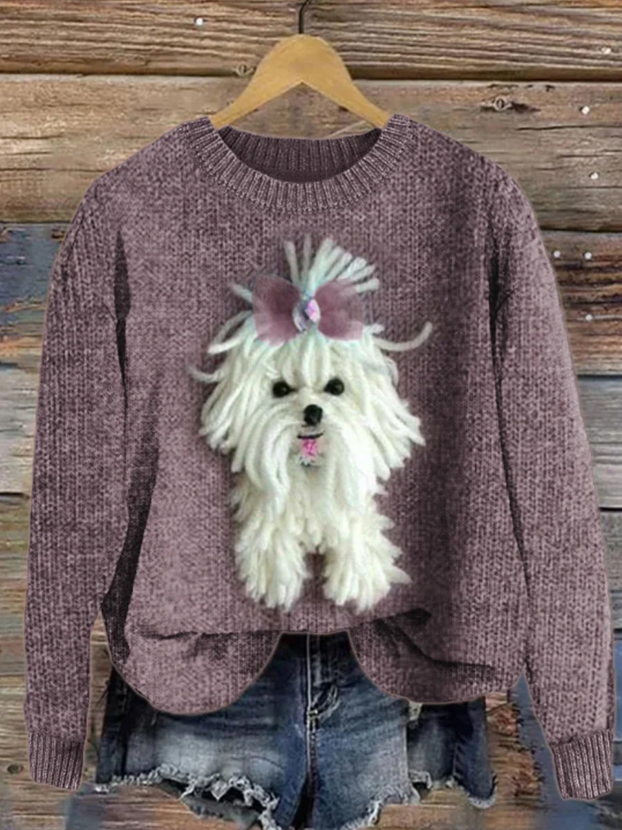 Women's Classy Dog with Tie Cozy Knit Sweater