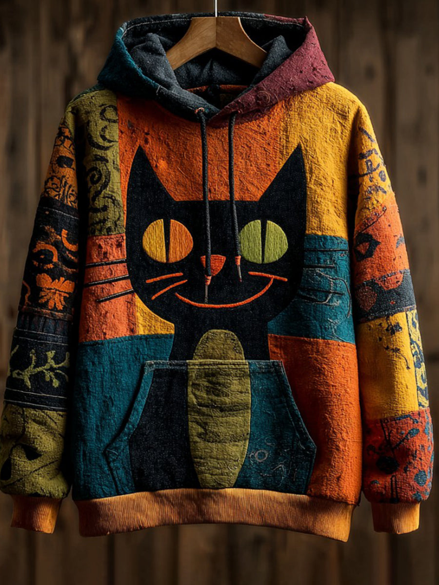 Vintage Halloween Patchwork Black Cat Print Art Casual Hoodie