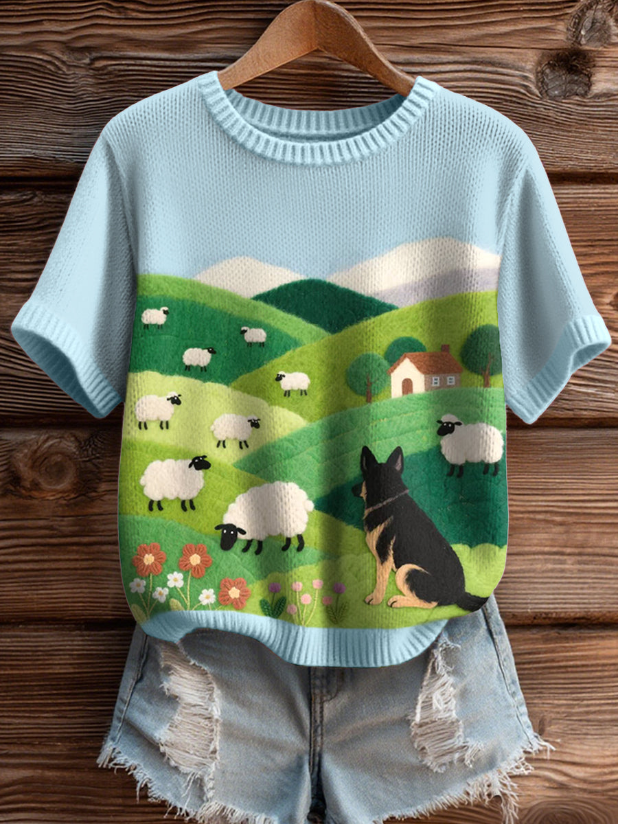 Women's Sheepdog & Sheep Pattern Cozy Knit Top