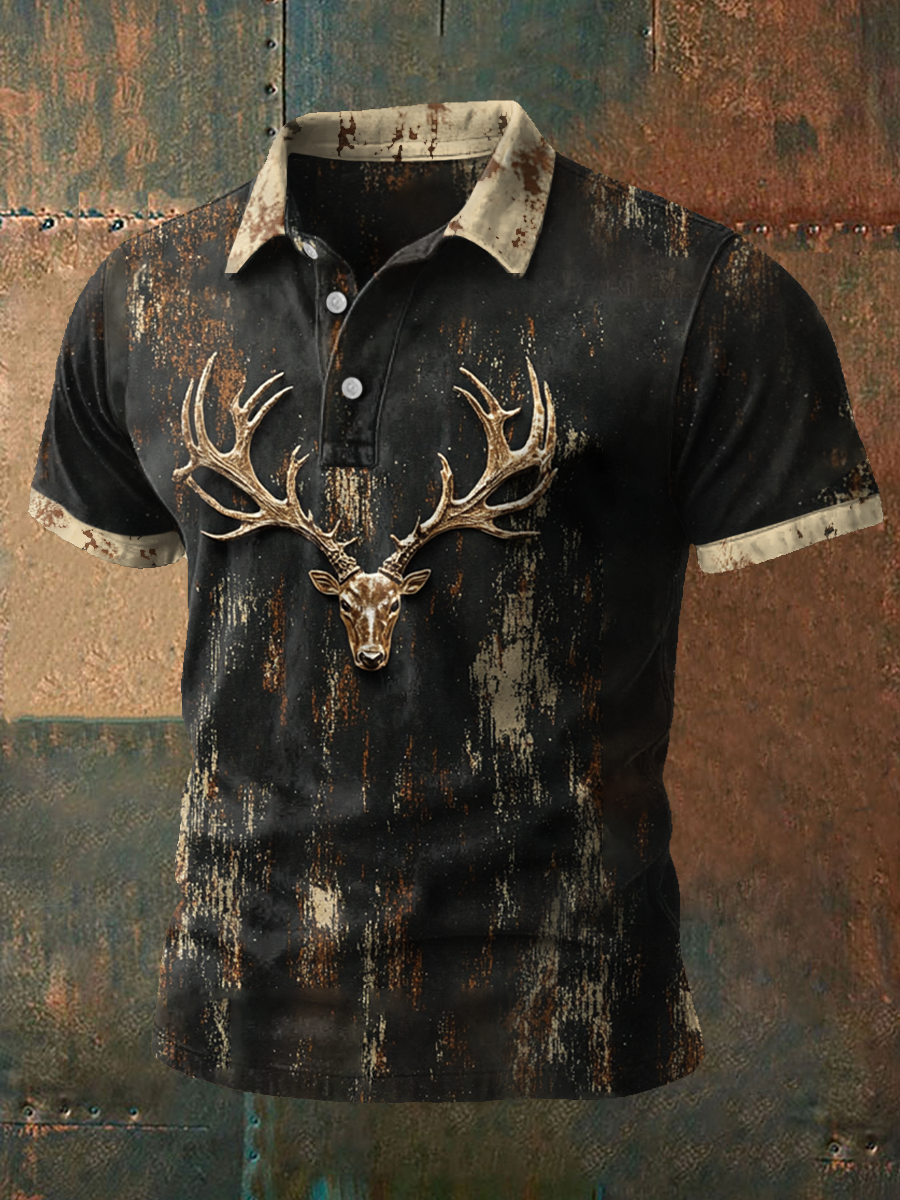 Men's Retro Western Style Elk Art Printed Casual Tops