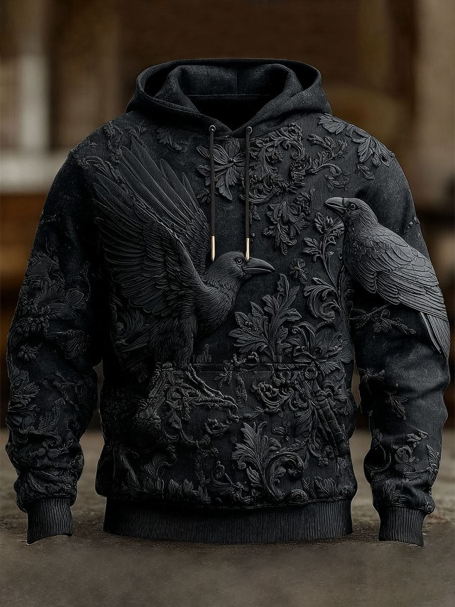 Vintage Halloween Crow Print Art Casual Hoodie