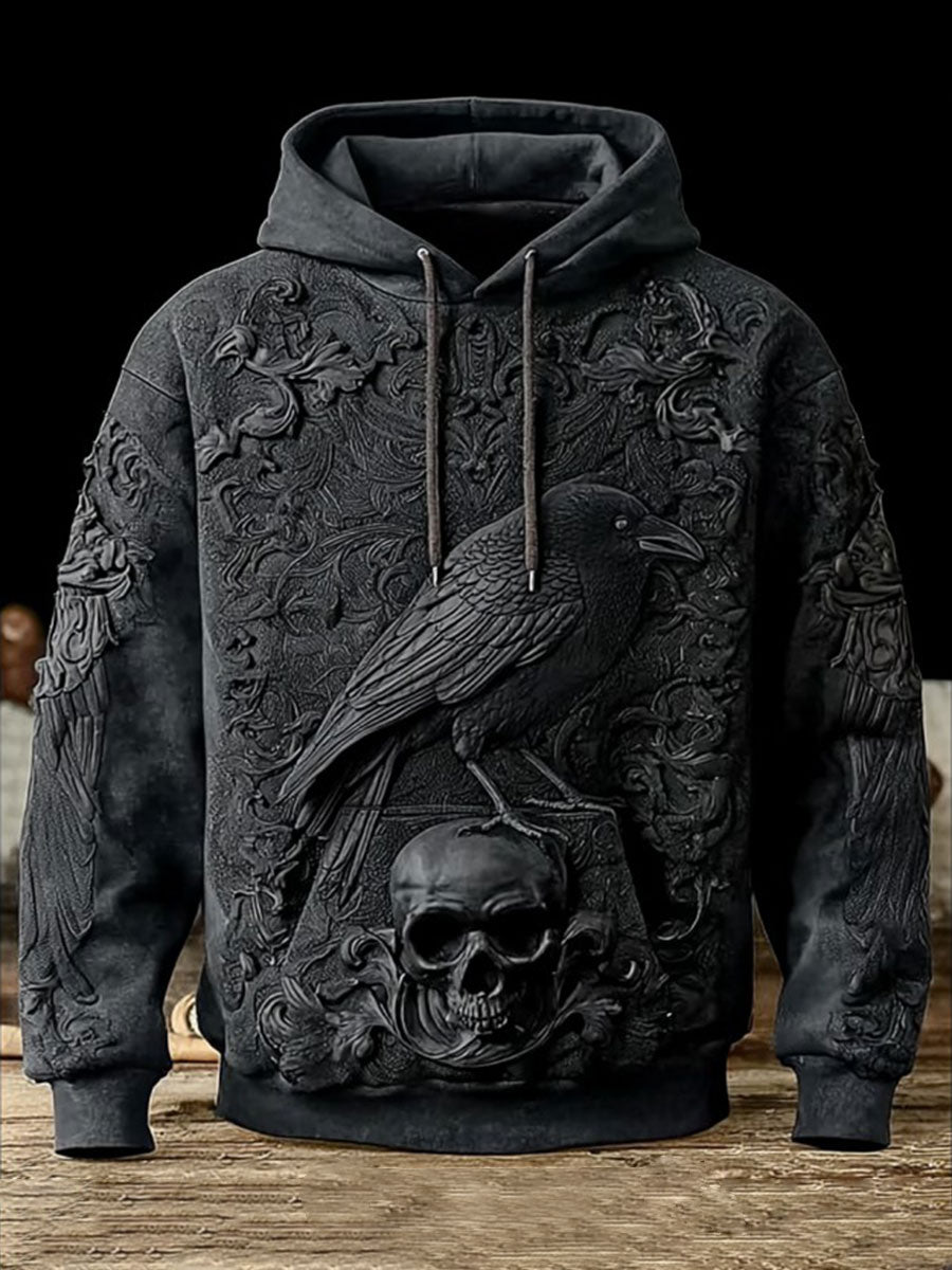 Vintage Halloween Crow Skull Print Art Casual Hoodie