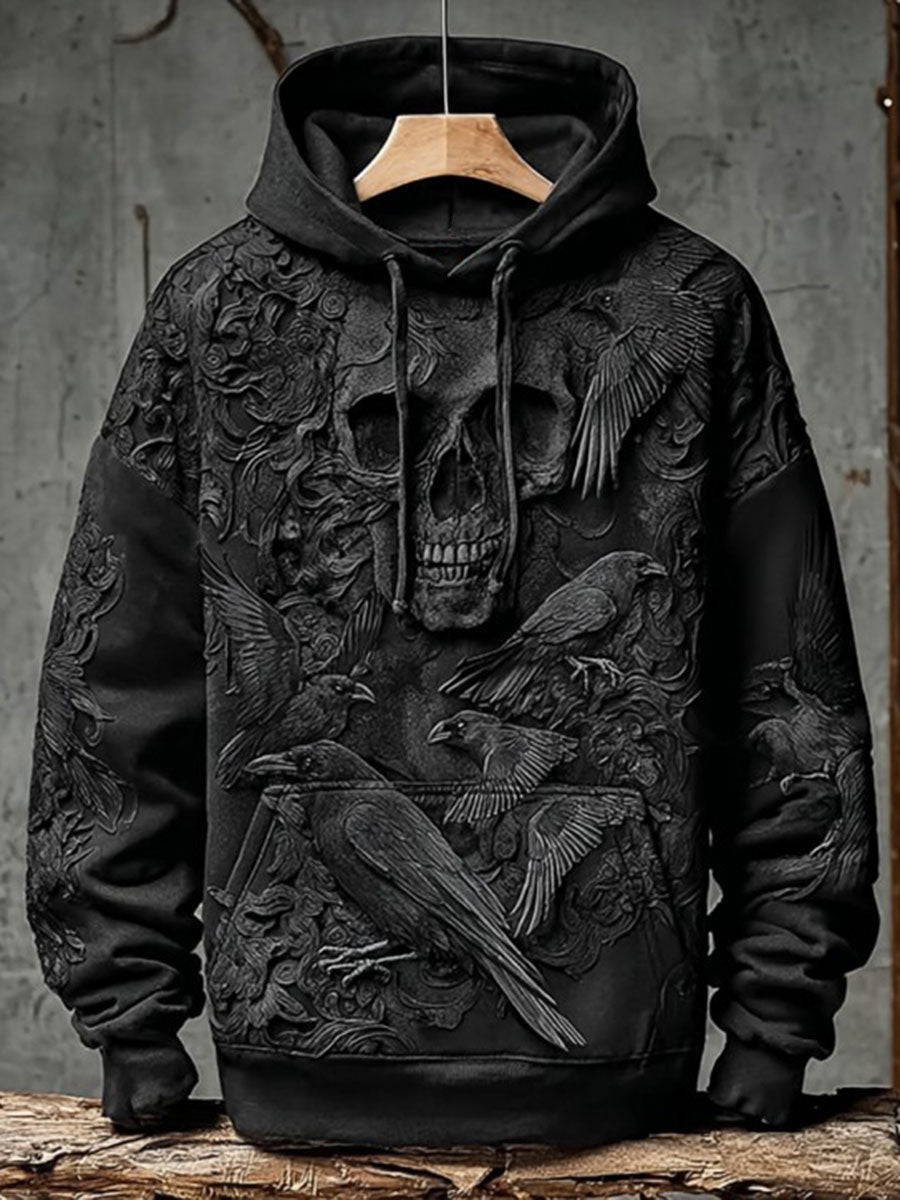 Vintage Halloween Crow Skull Print Art Casual Hoodie
