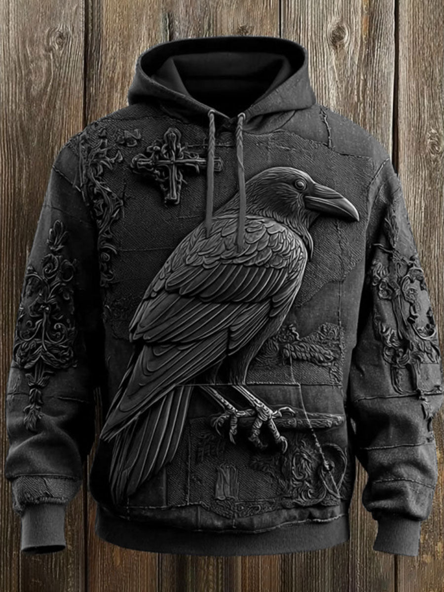 Vintage Halloween Crow Print Art Casual Hoodie