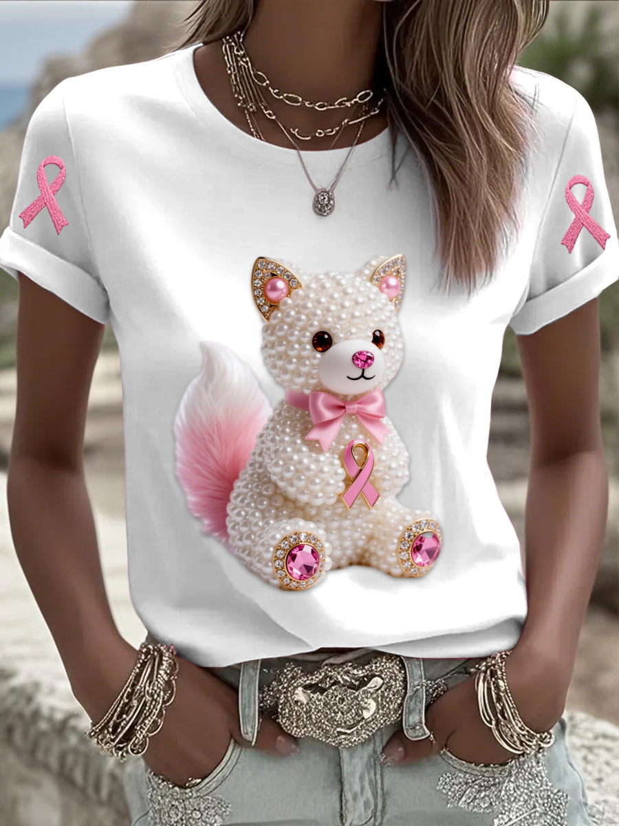 Retro Breast Cancer Pearl Bow Cat Print Short Sleeve T-Shirt