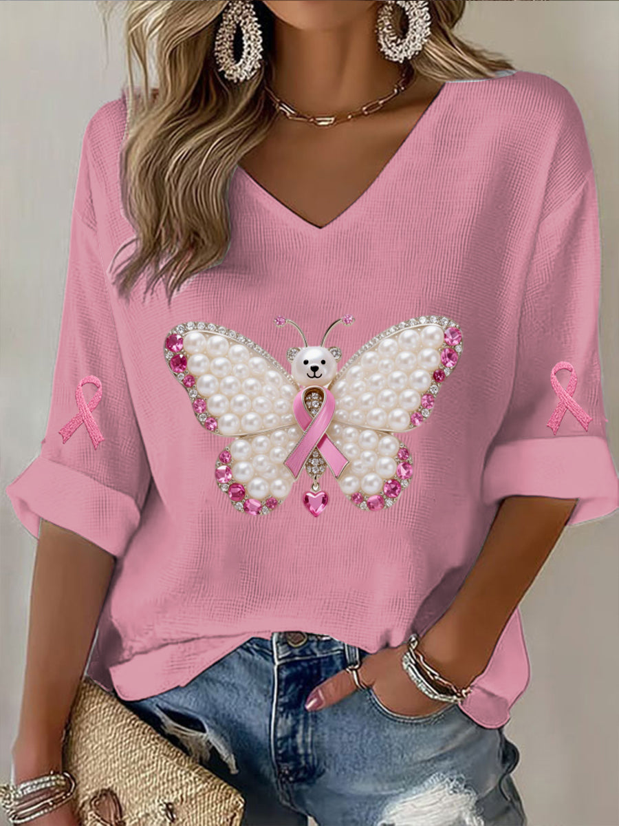 Retro Breast Cancer Pearl Diamond Butterfly Print Casual Cotton Waffle Long Sleeve T-Shirt