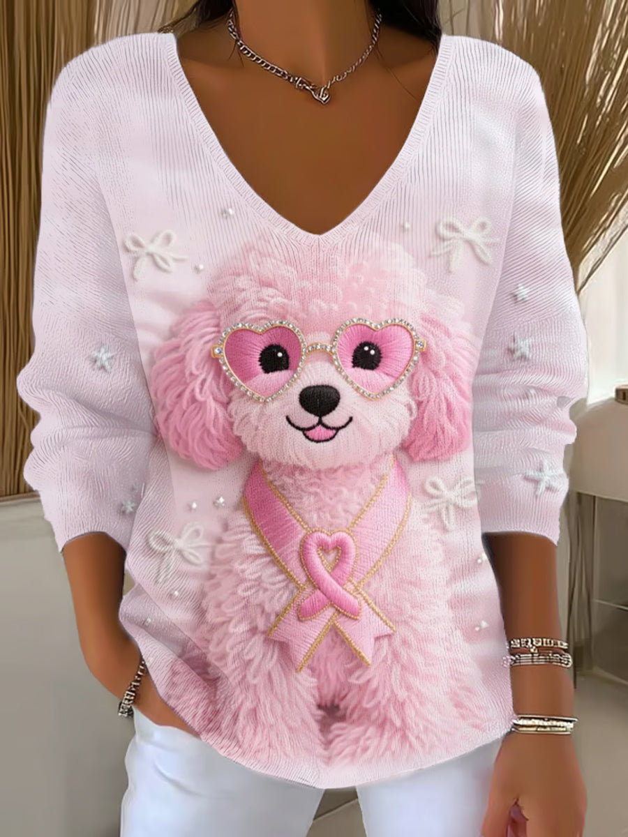 Women's Pink Dog Pink Ribbon Breast Cancer Awareness Support Long-Sleeve Top