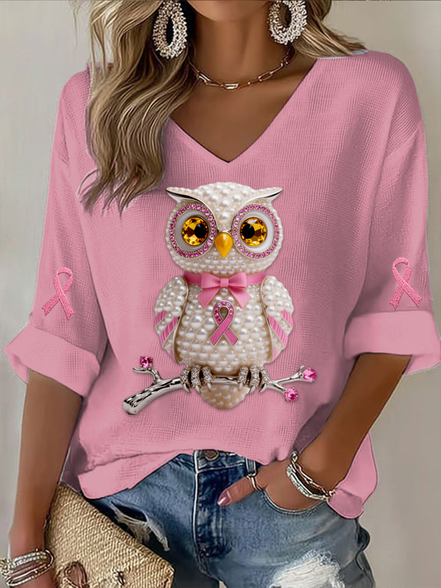 Vintage Owl Pearl Diamond Abstract Print Casual Cotton Waffle Long Sleeve T-Shirt
