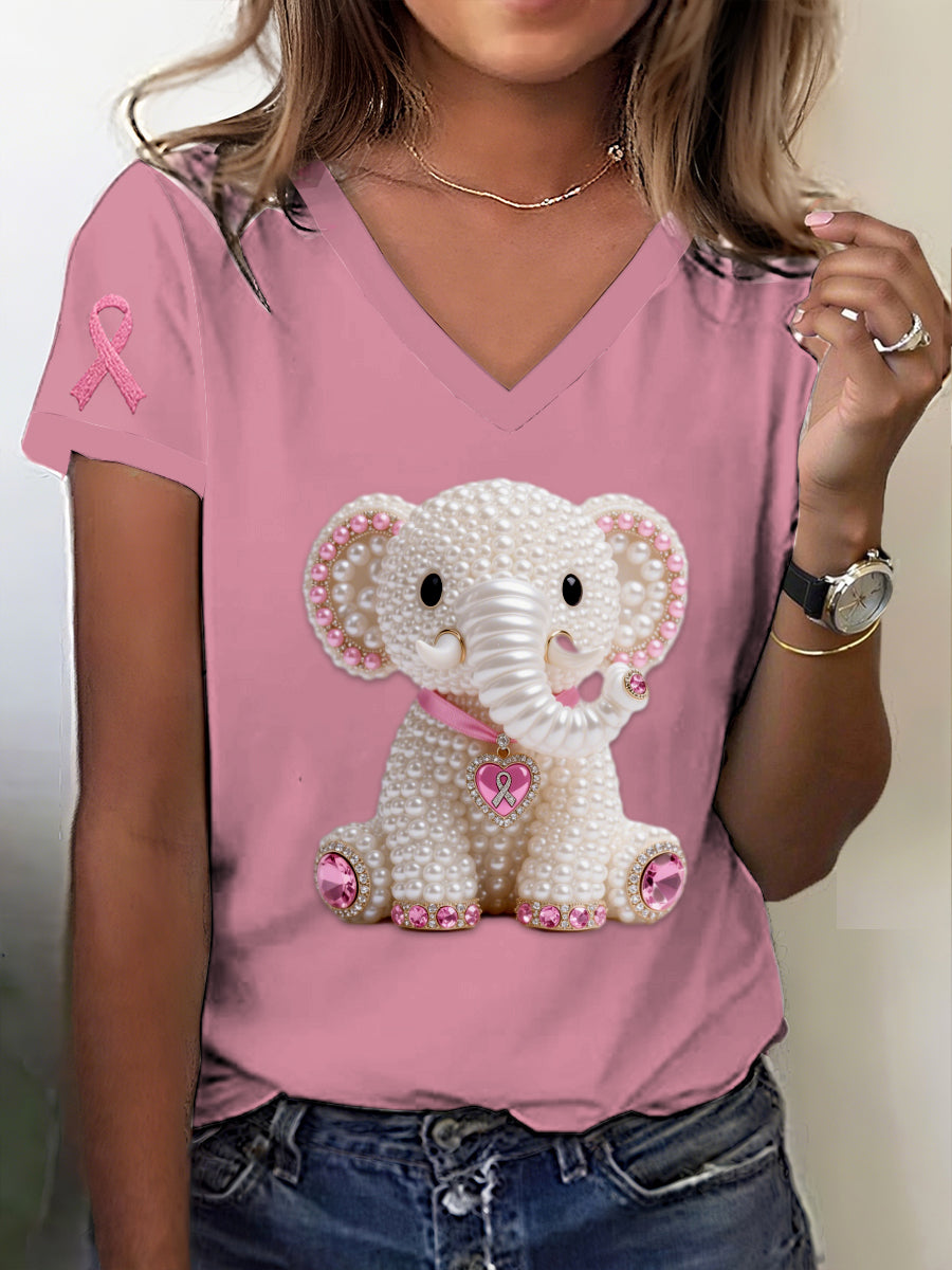 Retro Breast Cancer Pearl Diamond Elephant Print V-Neck Short Sleeve T-Shirt