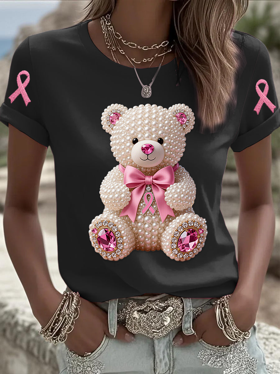Retro Breast Cancer Pearl Bow Bear Print Short Sleeve T-Shirt