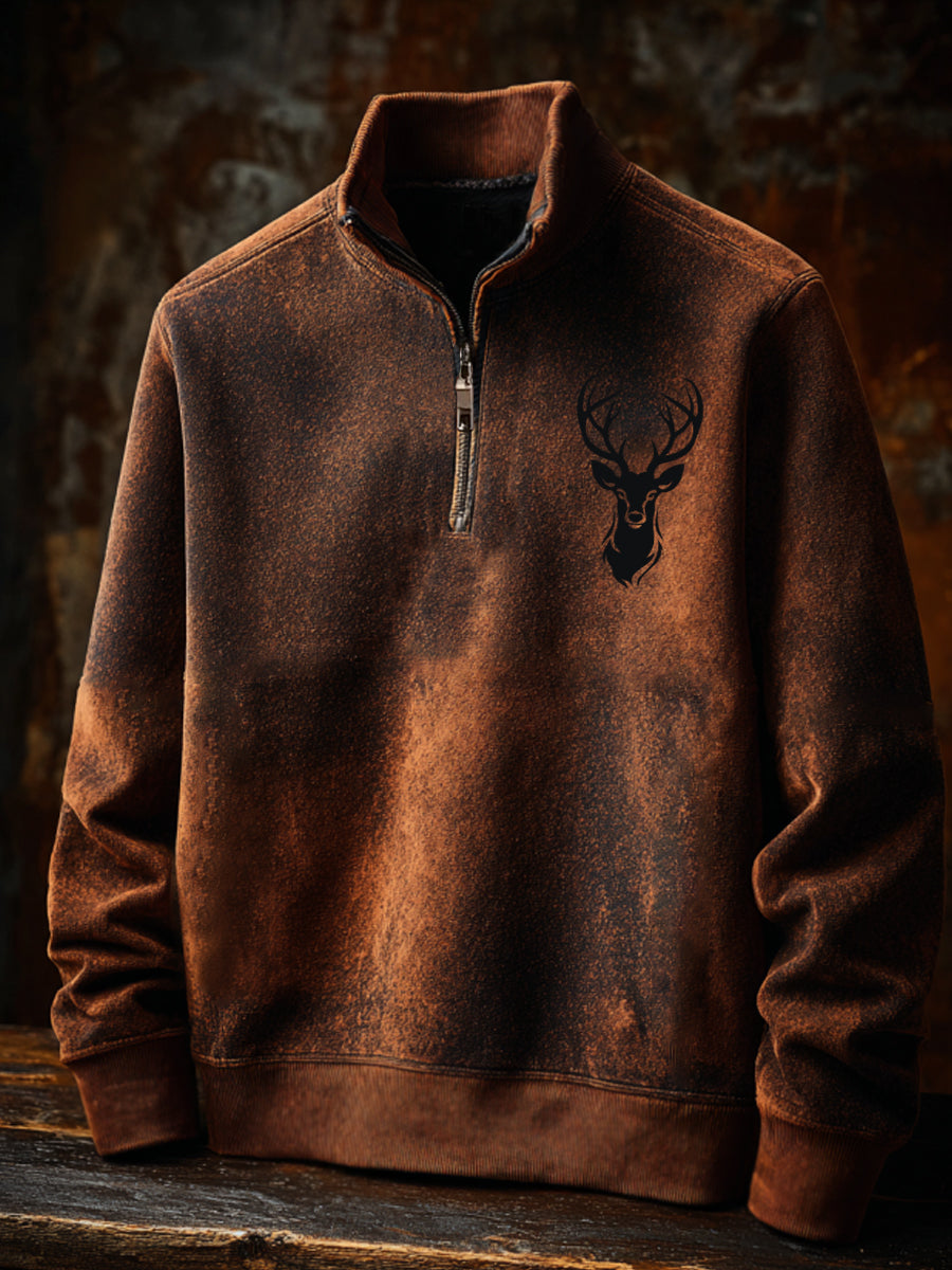 Men's Retro Western Deer Antlers Print Casual Zipper Sweatshirt