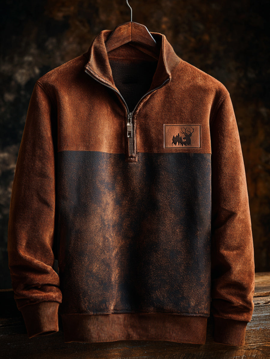 Men's Retro Western Deer Antlers Print Casual Zipper Sweatshirt