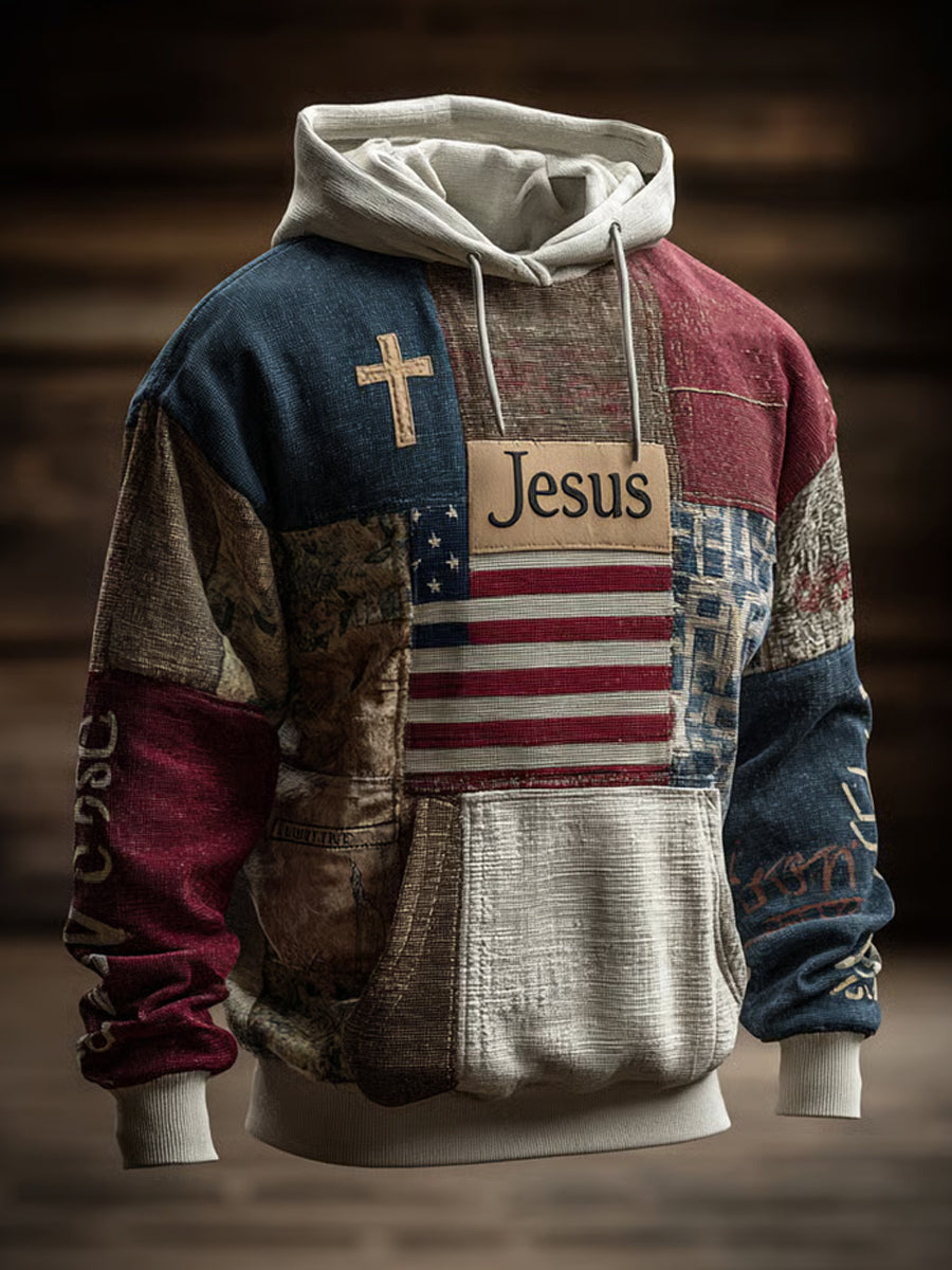 Men's Retro Casual Faith Cross Art Print Oversized Drop-Shoulder Pockets Hoodie