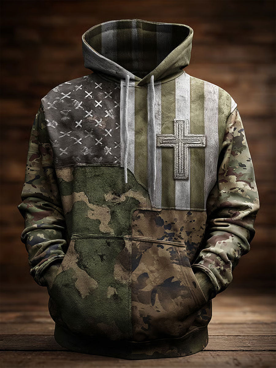 Men's Retro Casual Faith Cross Art Print Oversized Drop-Shoulder Pockets Hoodie