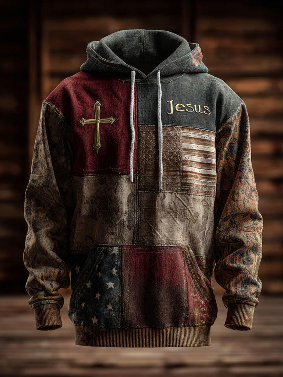 Men's Retro Casual Faith Cross Art Print Oversized Drop-Shoulder Pockets Hoodie