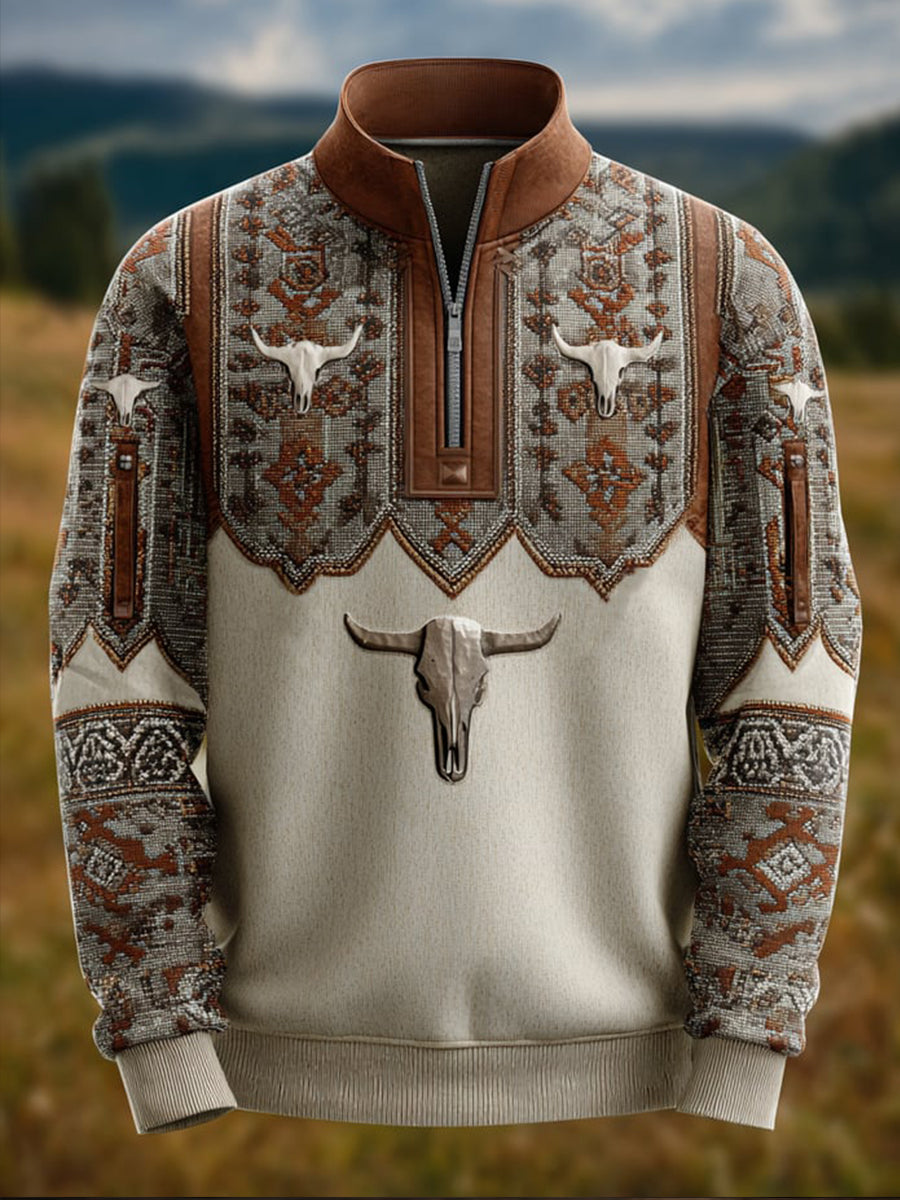 Men's Vintage Casual Western Zip-Up Sweatshirt