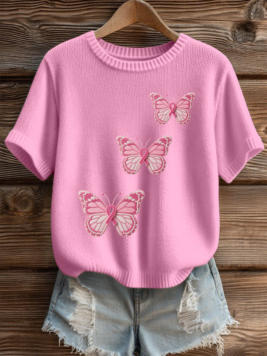 Women's Pink Butterfly Print Show Casual T-shirt