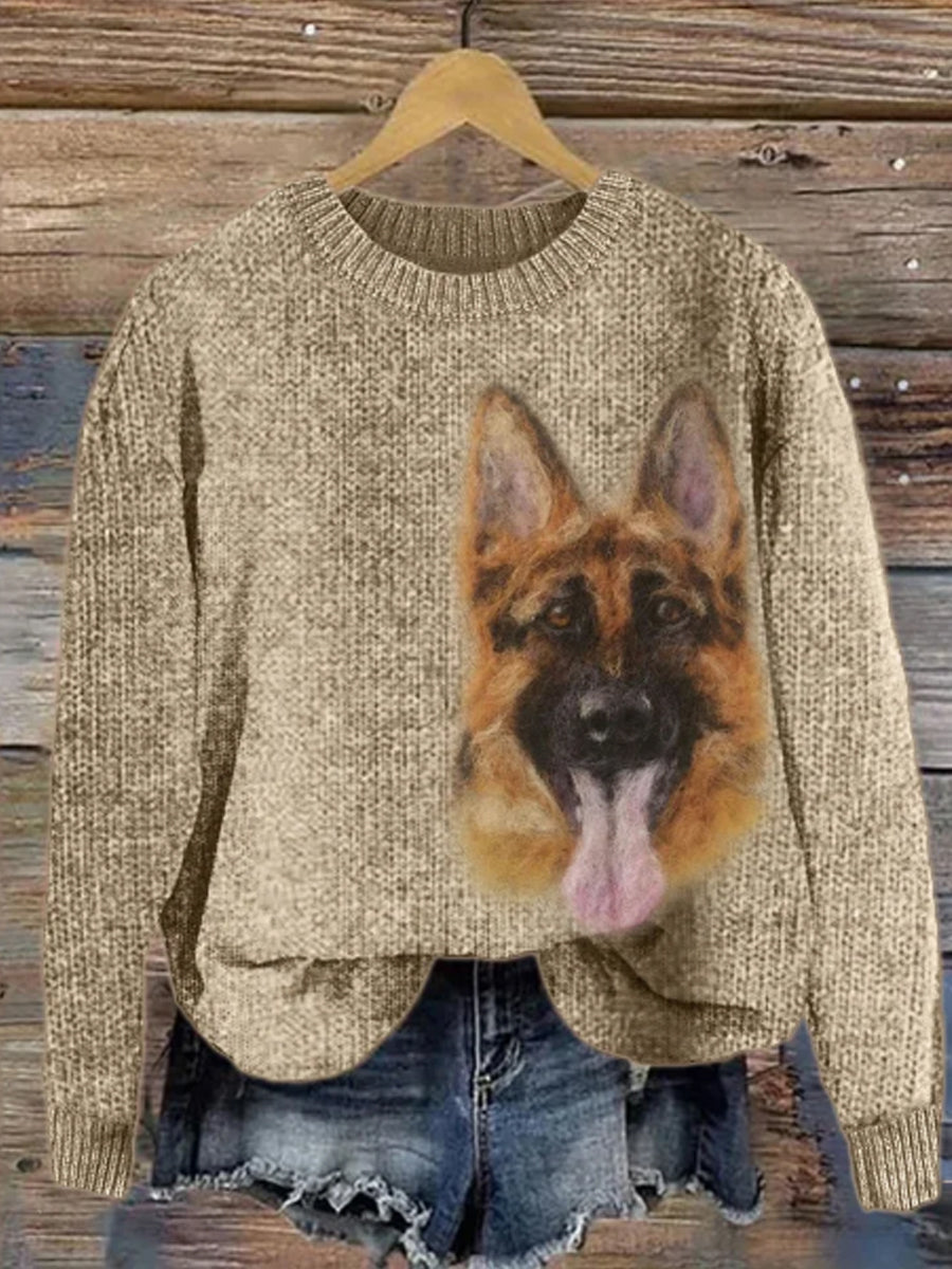 Women's German Shepherd Dog Felt Portrait Cozy Knit Sweater