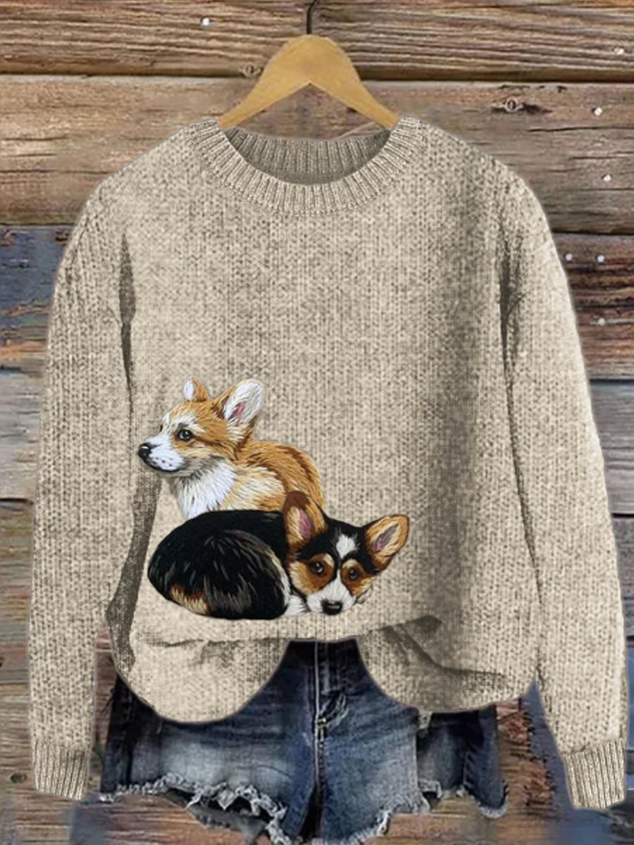 Women's Lovely Corgi Dogs Embroidered Cozy Knit Sweater