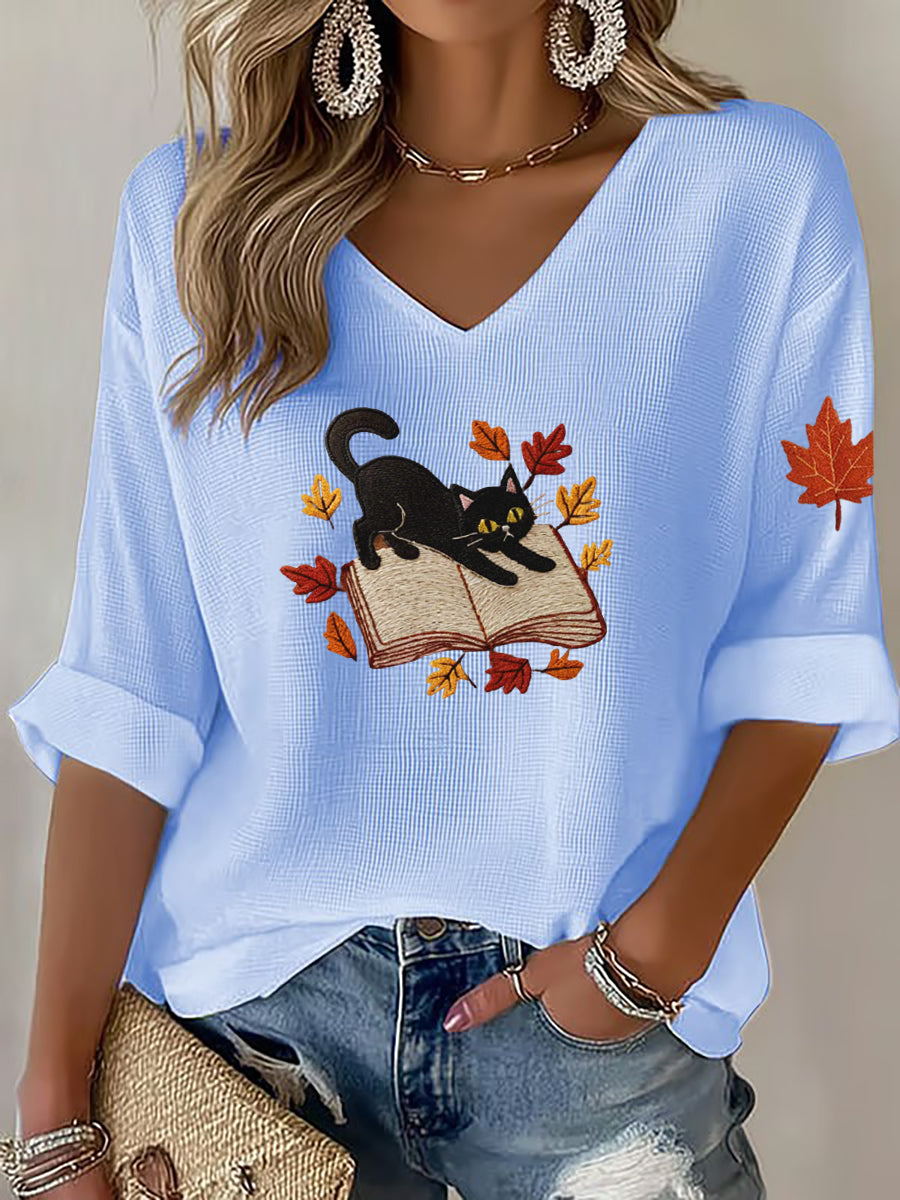 Women's Cat Print Waffle T-shirt