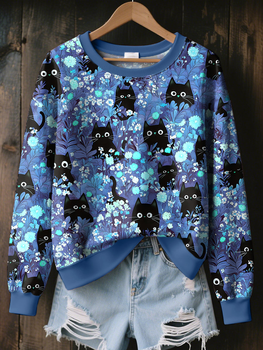 Women's Black Cat Art Print Sweatshirt