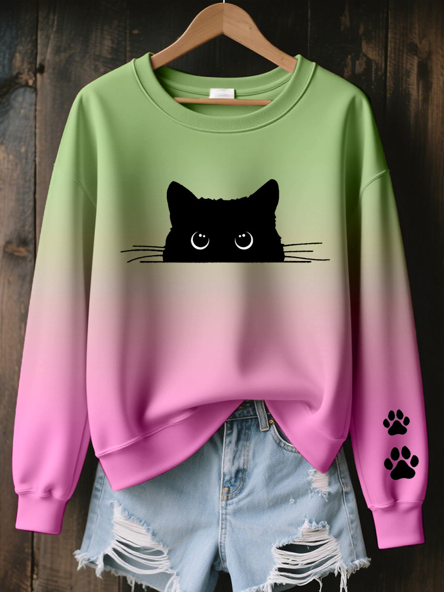 Women's Cute Cat Print Contrast Color Sweatshirt