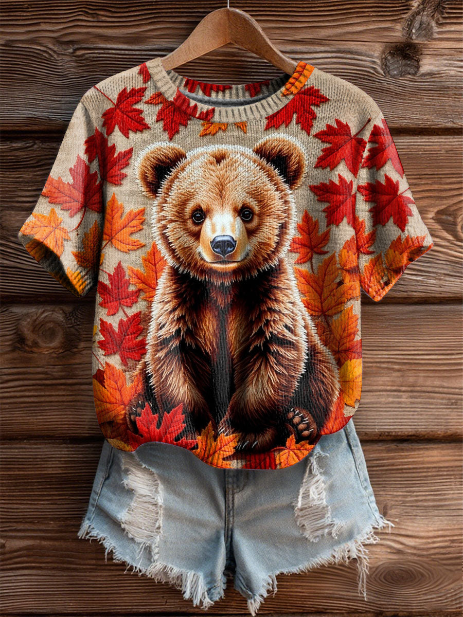 Women's Vintage Autumn Fallen Thanksgiving Bear Print Art Cozy Knit Top