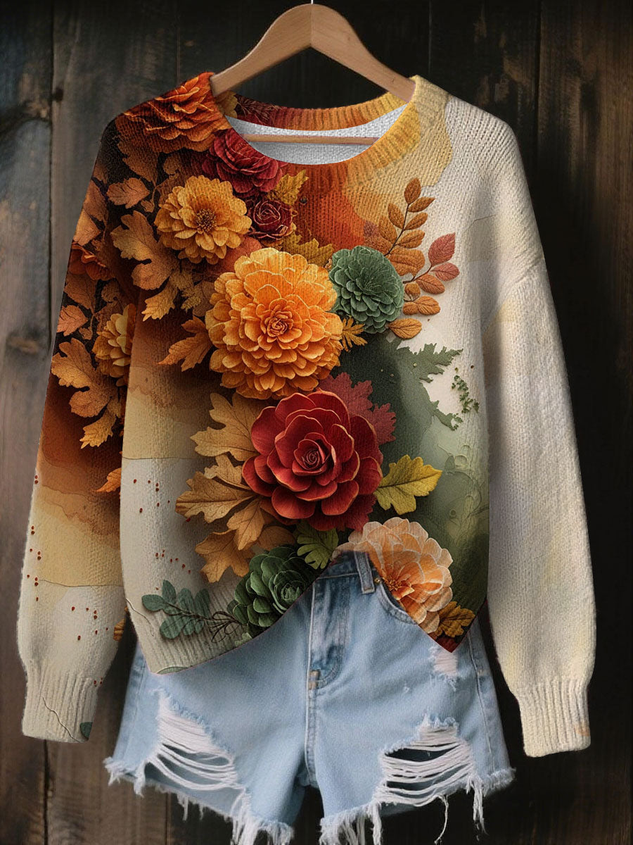 Women's Vintage Autumn Fallen Thanksgiving Print Art Casual Knitted Sweater