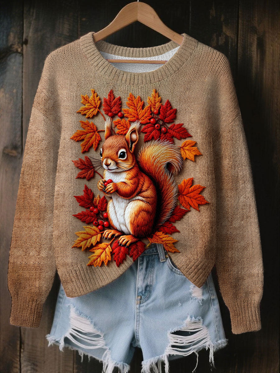 Women's Vintage Autumn Fallen Thanksgiving Squirrel Print Art Casual Knitted Sweater