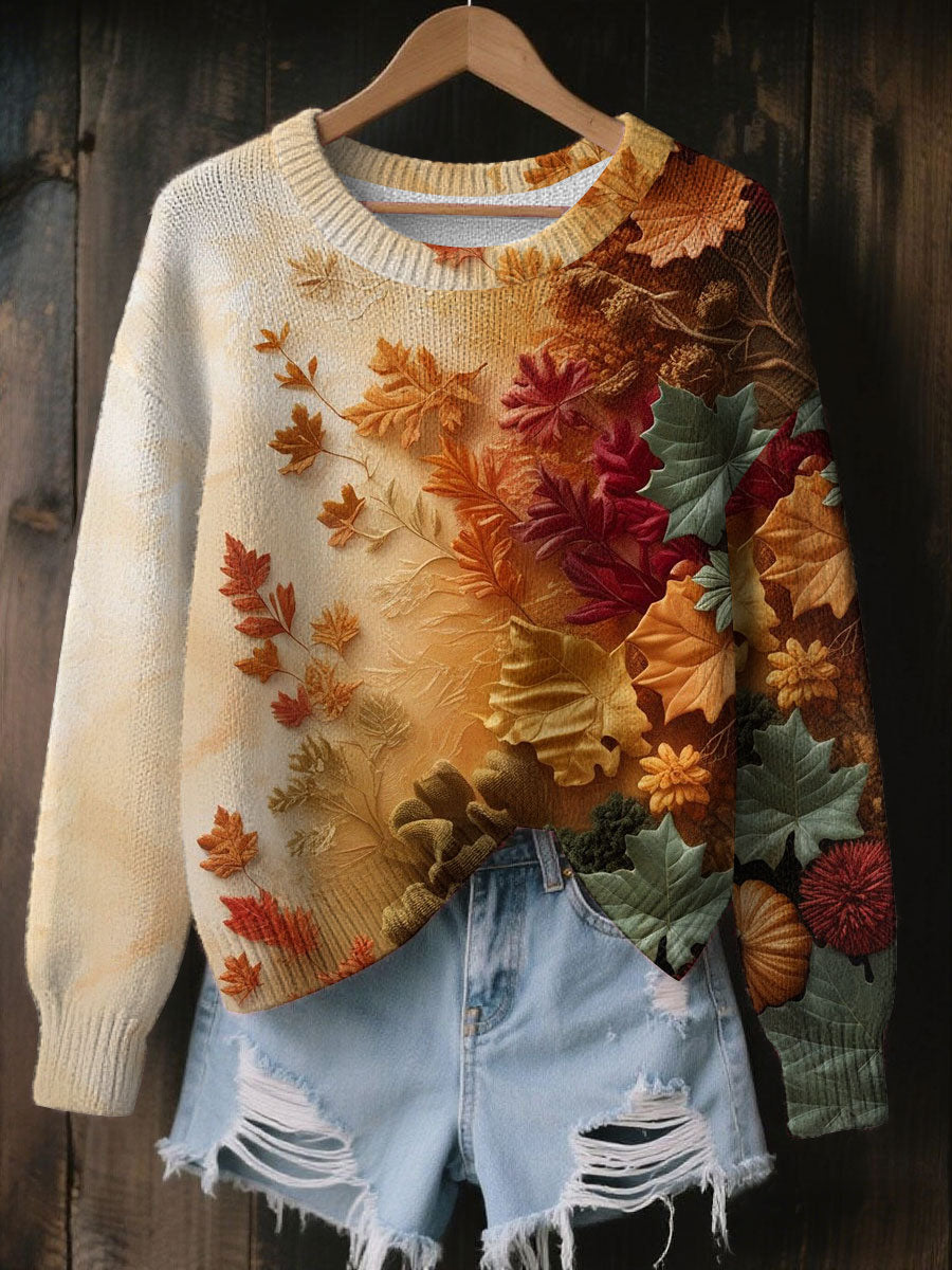 Women's Vintage Autumn Fallen Thanksgiving Print Art Casual Knitted Sweater
