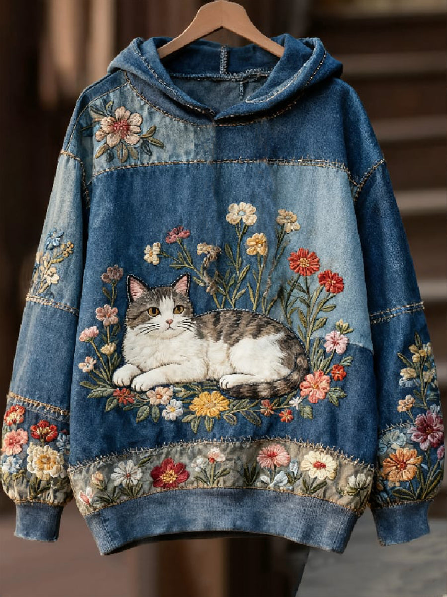 Women's Casual Patchwork Cat Print Hoodie