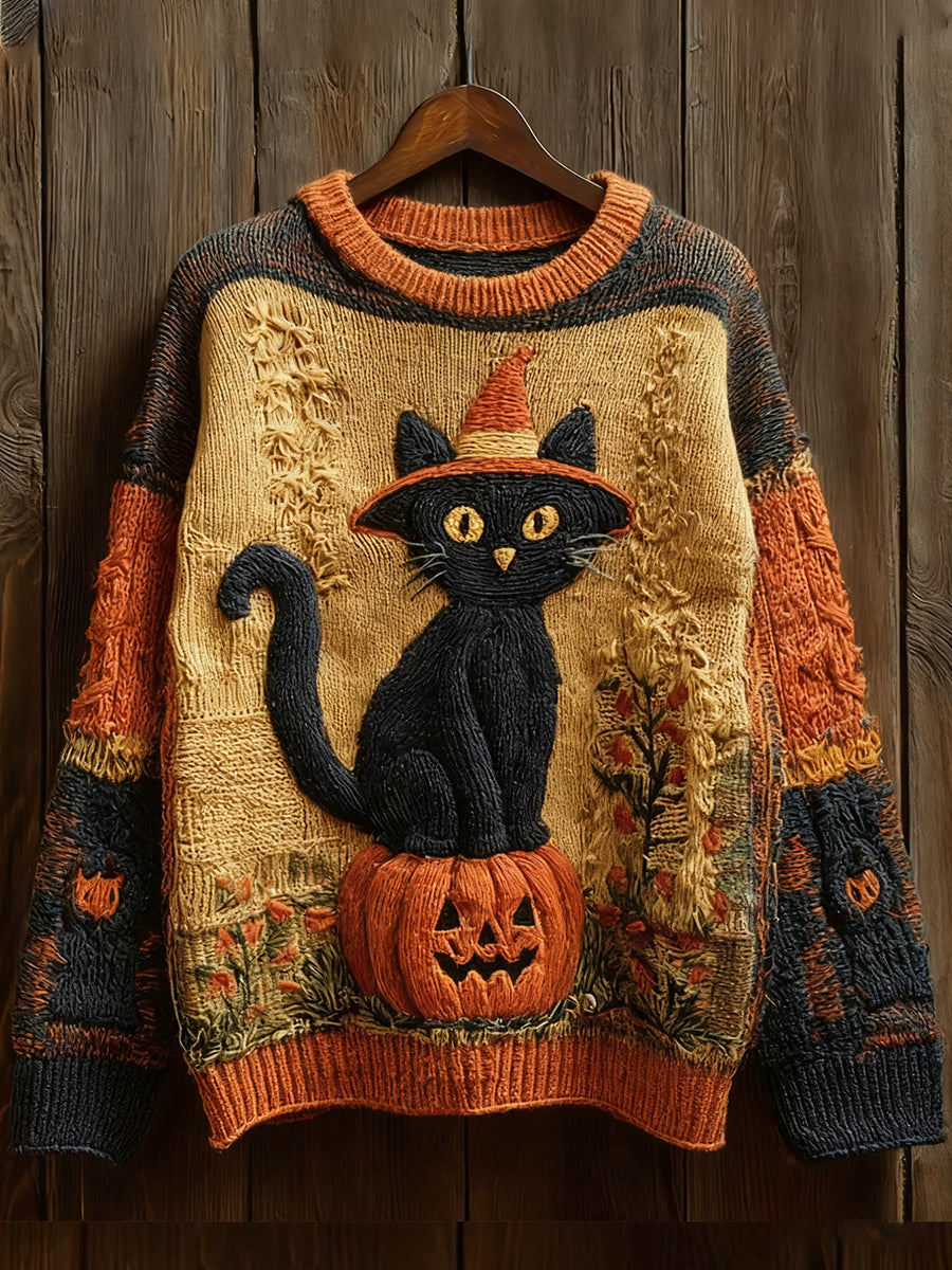 Women's Halloween Witch Cat & Pumpkin Art Sweater
