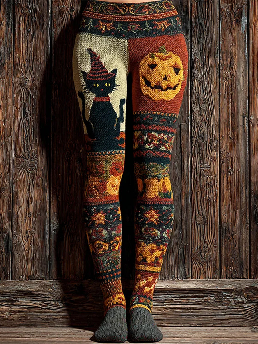 Women's Halloween Black Cat & Pumpkin Patchwork Art Leggings