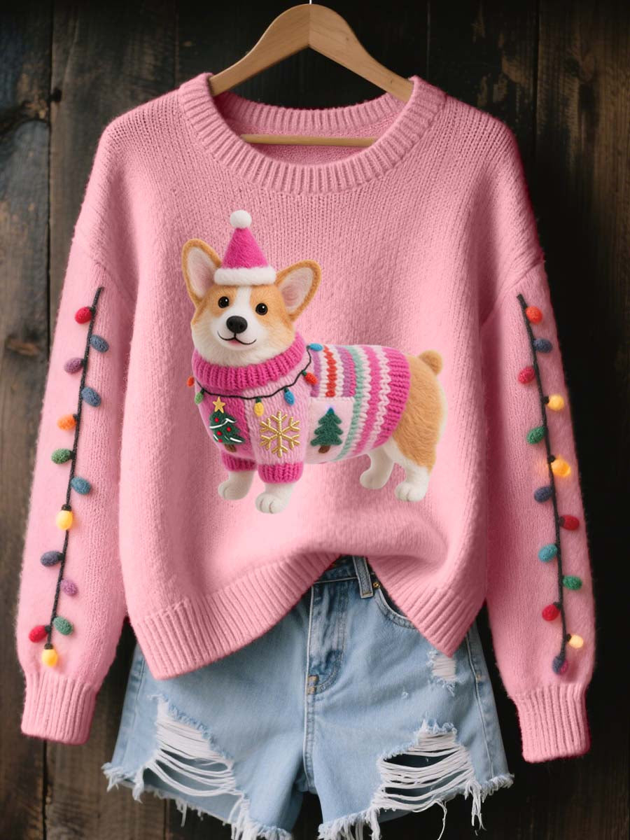 Women's Christmas Corgi Dog Felt Art Cozy Knit Sweater