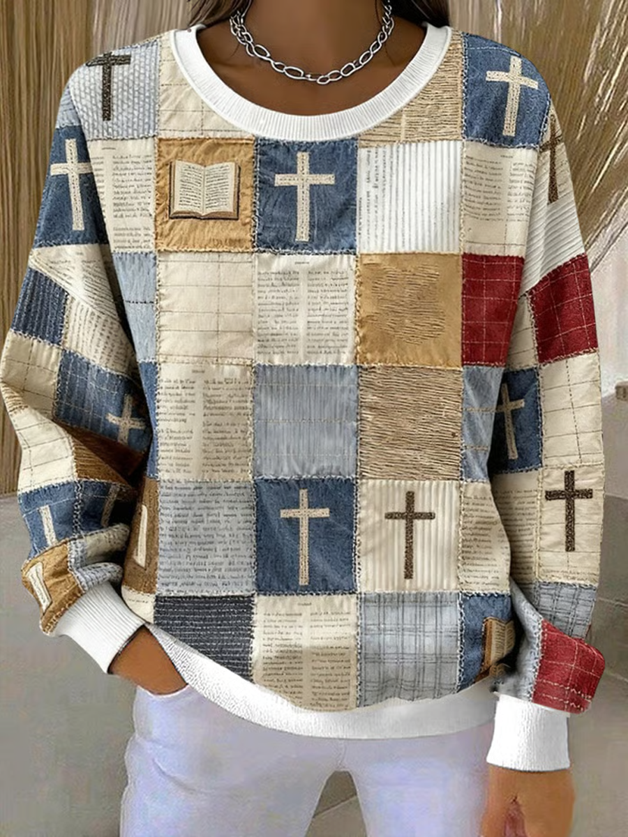 Women's Patchwork of Faith Printed Ribbed Round-Neck Sweatshirt