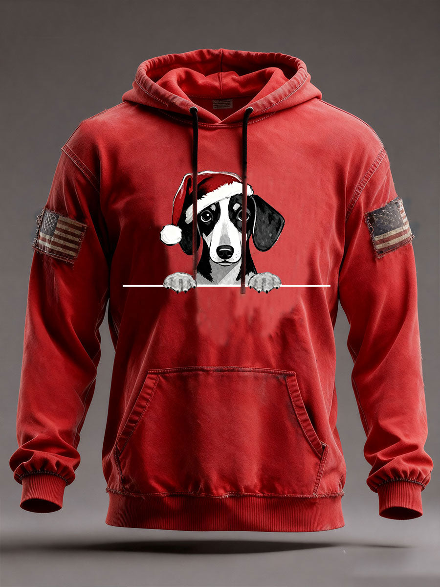 Men's Christmas Hat Dachshund Oversized Drop-Shoulder Hoodie With Pockets